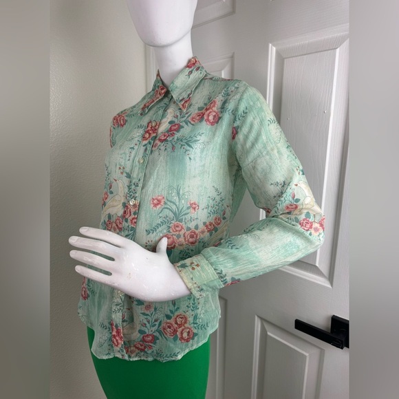 Stuffed shirt Vintage 60s 70s Sheer Shirt Floral Blouse.Size 11/32. A41 - Picture 2 of 15